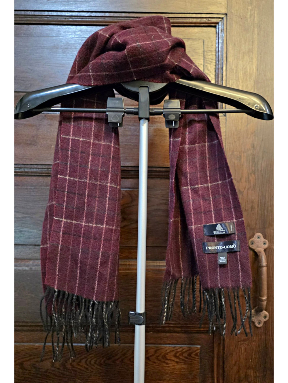 Pronto Uomo 100% Wool Scarf Burgundy & Black Fringe Accents